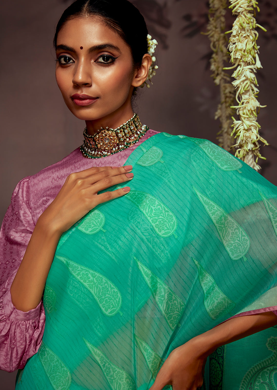 AQUA BLUE WOVEN PURE BRASSO CHIFFON SAREE WITH BROCADE BLOUSE