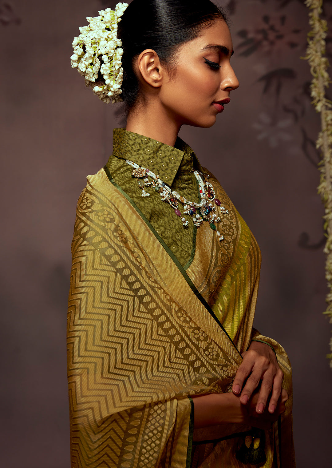 CANARY YELLOW WOVEN PURE BRASSO CHIFFON SAREE WITH BROCADE BLOUSE
