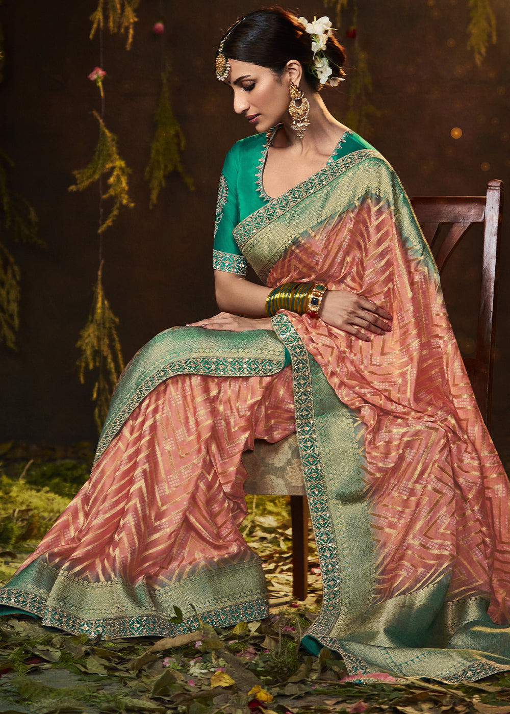 SALMON ORANGE WOVEN PURE GEORGETTE BANDHANI SAREE WITH BANARASI SILK BORDER & HEAVY EMBROIDERED BLOUSE