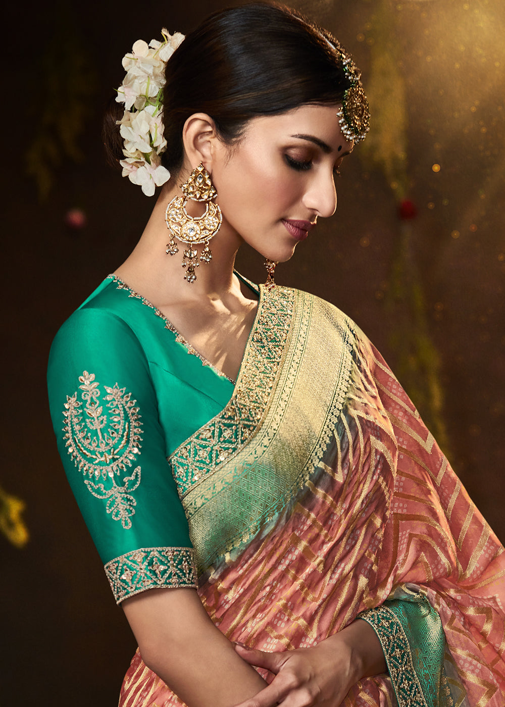 SALMON ORANGE WOVEN PURE GEORGETTE BANDHANI SAREE WITH BANARASI SILK BORDER & HEAVY EMBROIDERED BLOUSE