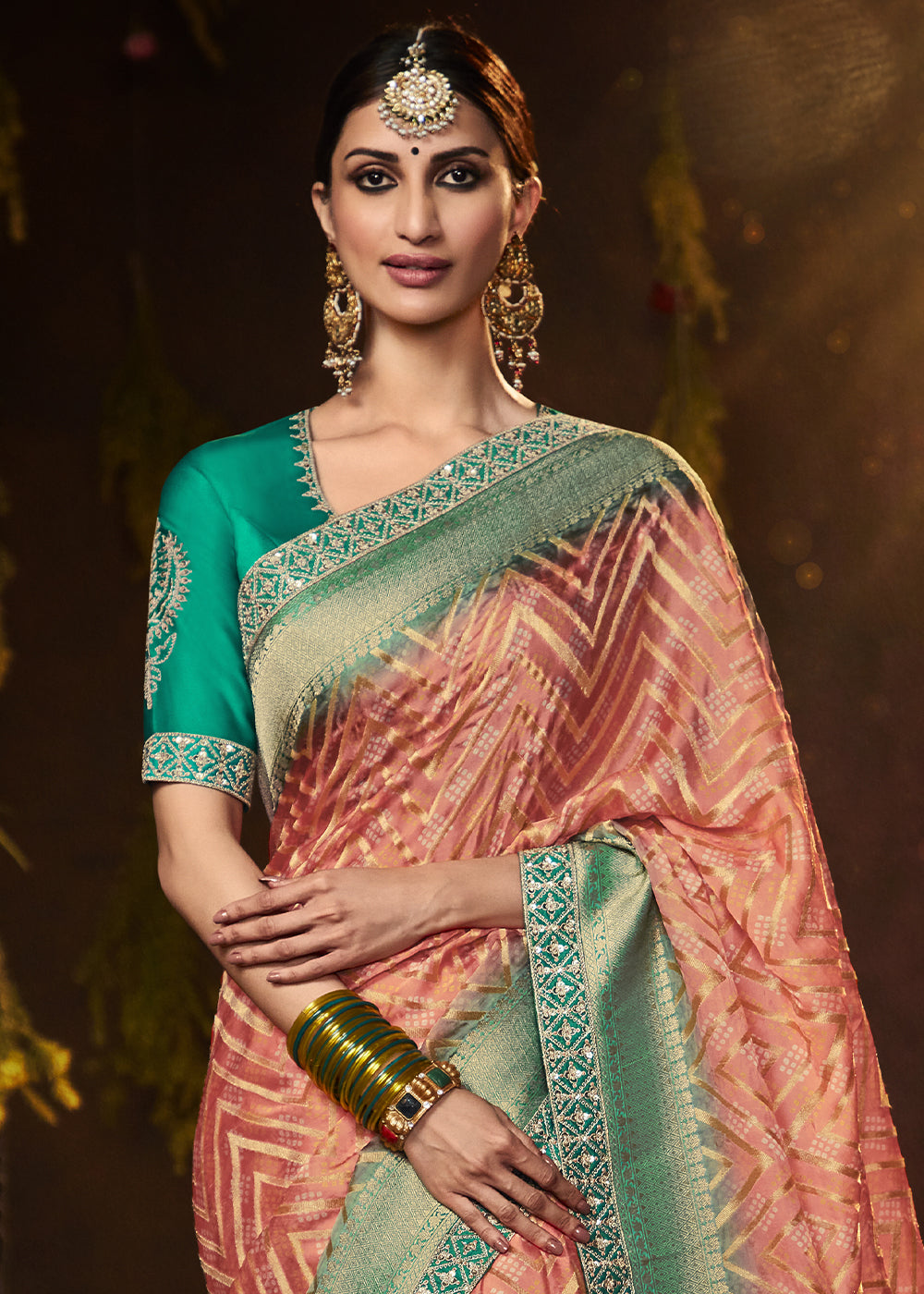 SALMON ORANGE WOVEN PURE GEORGETTE BANDHANI SAREE WITH BANARASI SILK BORDER & HEAVY EMBROIDERED BLOUSE