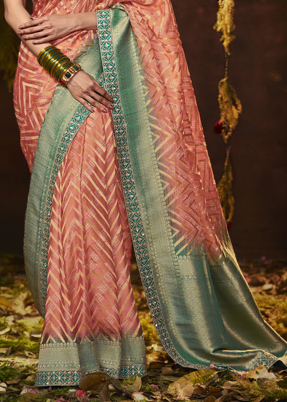SALMON ORANGE WOVEN PURE GEORGETTE BANDHANI SAREE WITH BANARASI SILK BORDER & HEAVY EMBROIDERED BLOUSE