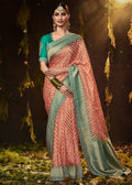 SALMON ORANGE WOVEN PURE GEORGETTE BANDHANI SAREE WITH BANARASI SILK BORDER & HEAVY EMBROIDERED BLOUSE