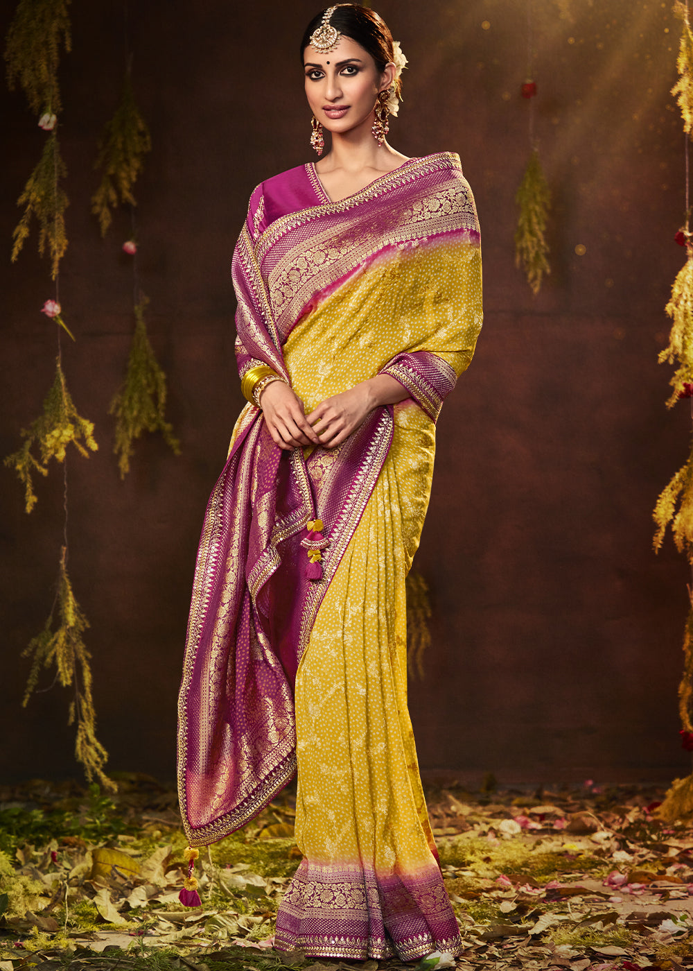 CANARY YELLOW WOVEN PURE GEORGETTE BANDHANI SAREE WITH BANARASI SILK BORDER & HEAVY EMBROIDERED BLOUSE
