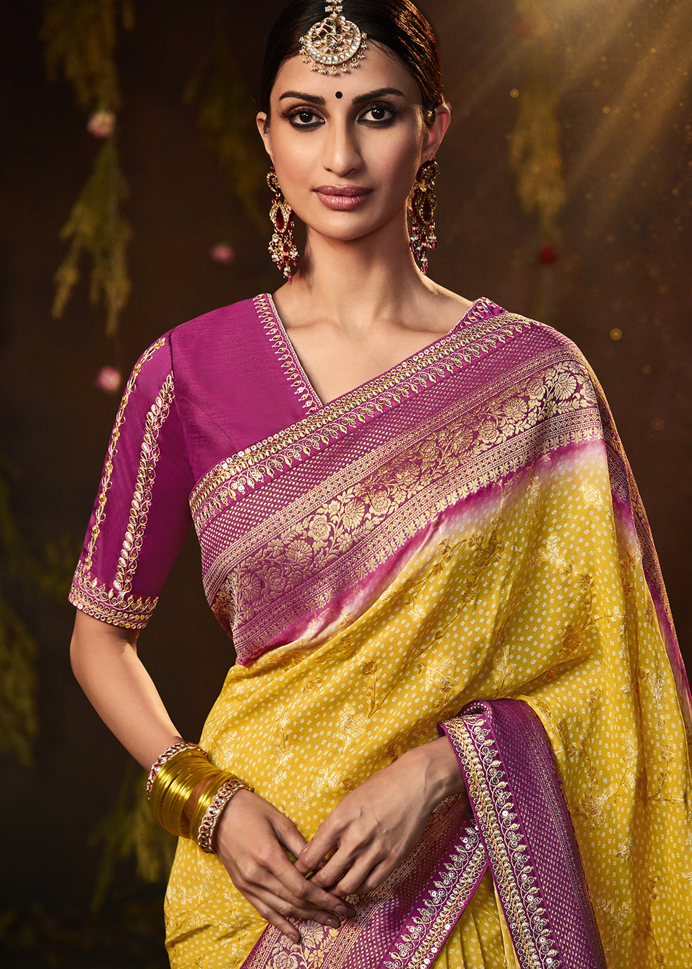 CANARY YELLOW WOVEN PURE GEORGETTE BANDHANI SAREE WITH BANARASI SILK BORDER & HEAVY EMBROIDERED BLOUSE