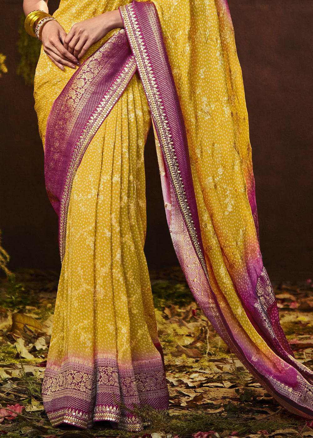 CANARY YELLOW WOVEN PURE GEORGETTE BANDHANI SAREE WITH BANARASI SILK BORDER & HEAVY EMBROIDERED BLOUSE