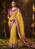CANARY YELLOW WOVEN PURE GEORGETTE BANDHANI SAREE WITH BANARASI SILK BORDER & HEAVY EMBROIDERED BLOUSE