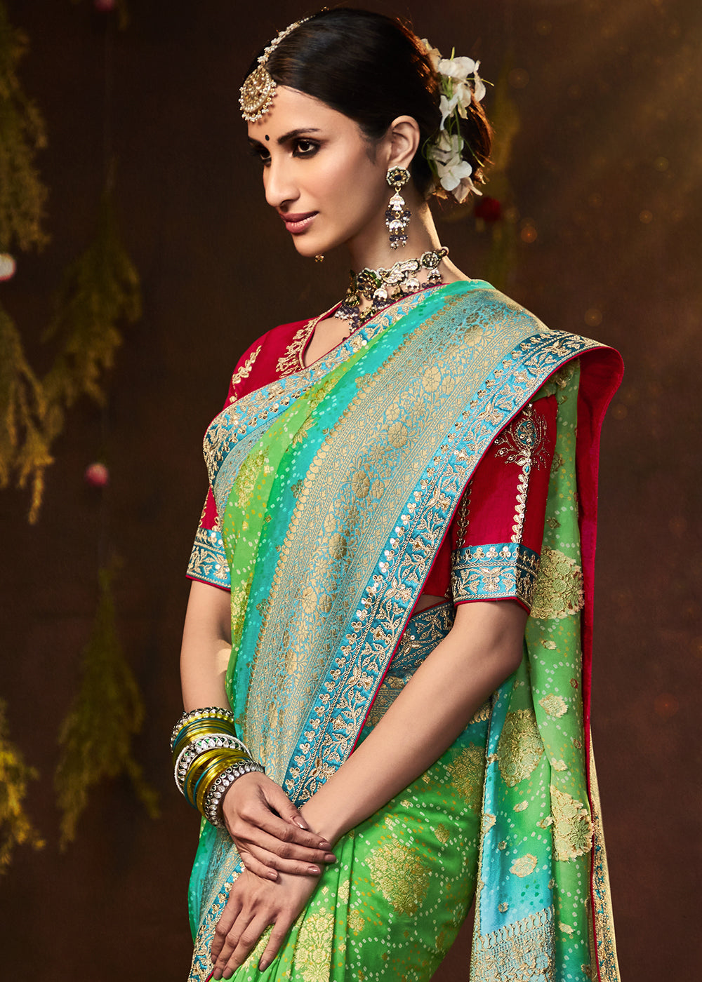 LIME GREEN WOVEN PURE GEORGETTE BANDHANI SAREE WITH BANARASI SILK BORDER & HEAVY EMBROIDERED BLOUSE
