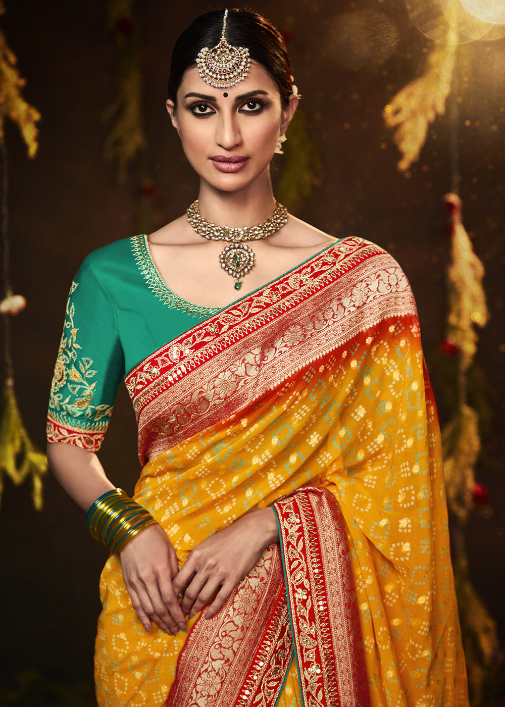 MUSTARD YELLOW WOVEN PURE GEORGETTE BANDHANI SAREE WITH BANARASI SILK BORDER HEAVY EMBROIDERED BLOUSE