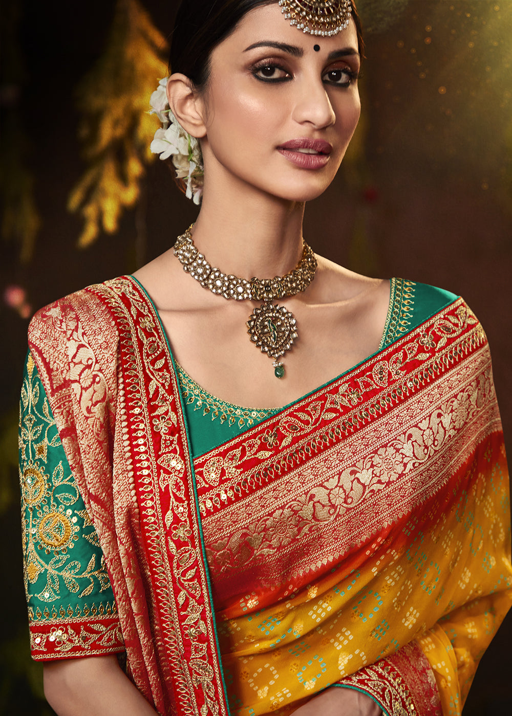 MUSTARD YELLOW WOVEN PURE GEORGETTE BANDHANI SAREE WITH BANARASI SILK BORDER & HEAVY EMBROIDERED BLOUSE