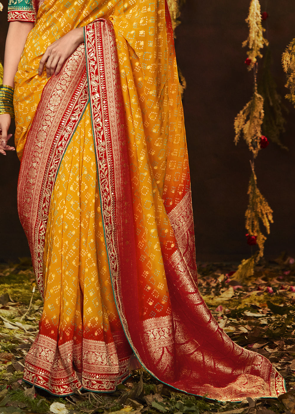 MUSTARD YELLOW WOVEN PURE GEORGETTE BANDHANI SAREE WITH BANARASI SILK BORDER & HEAVY EMBROIDERED BLOUSE