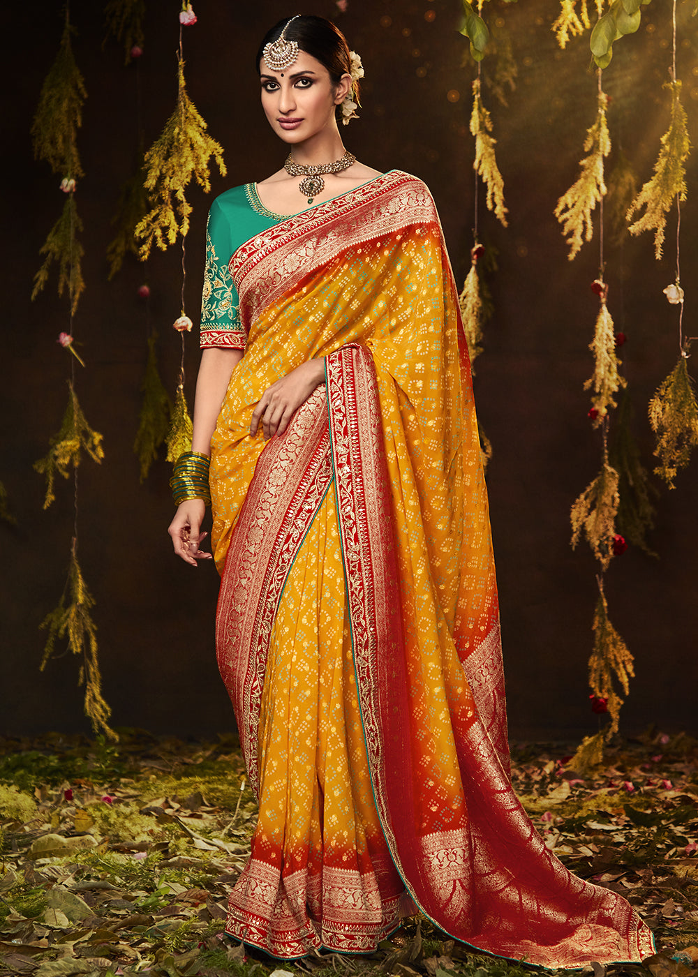 Buy KALKI FASHION Mustard Yellow Cutdana Embellished Organza Floral Print  Saree with Unstitched online