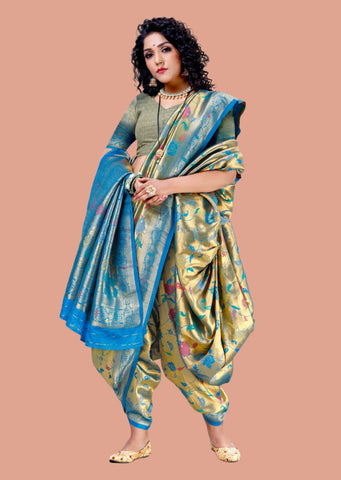Golden Blue Zari Woven Traditional Nauvari Pure Kanjivaram Brocade Silk Saree