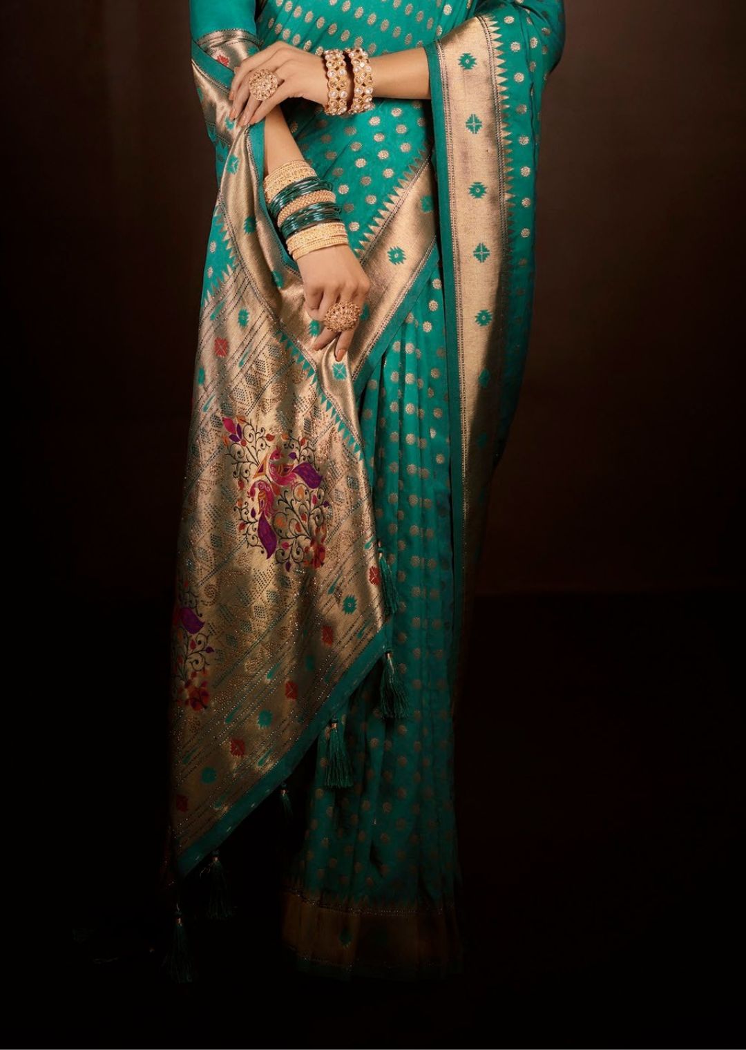Tiffany Blue Zari Woven Traditional Peshwai Paithani Silk Saree With Swarovski Work