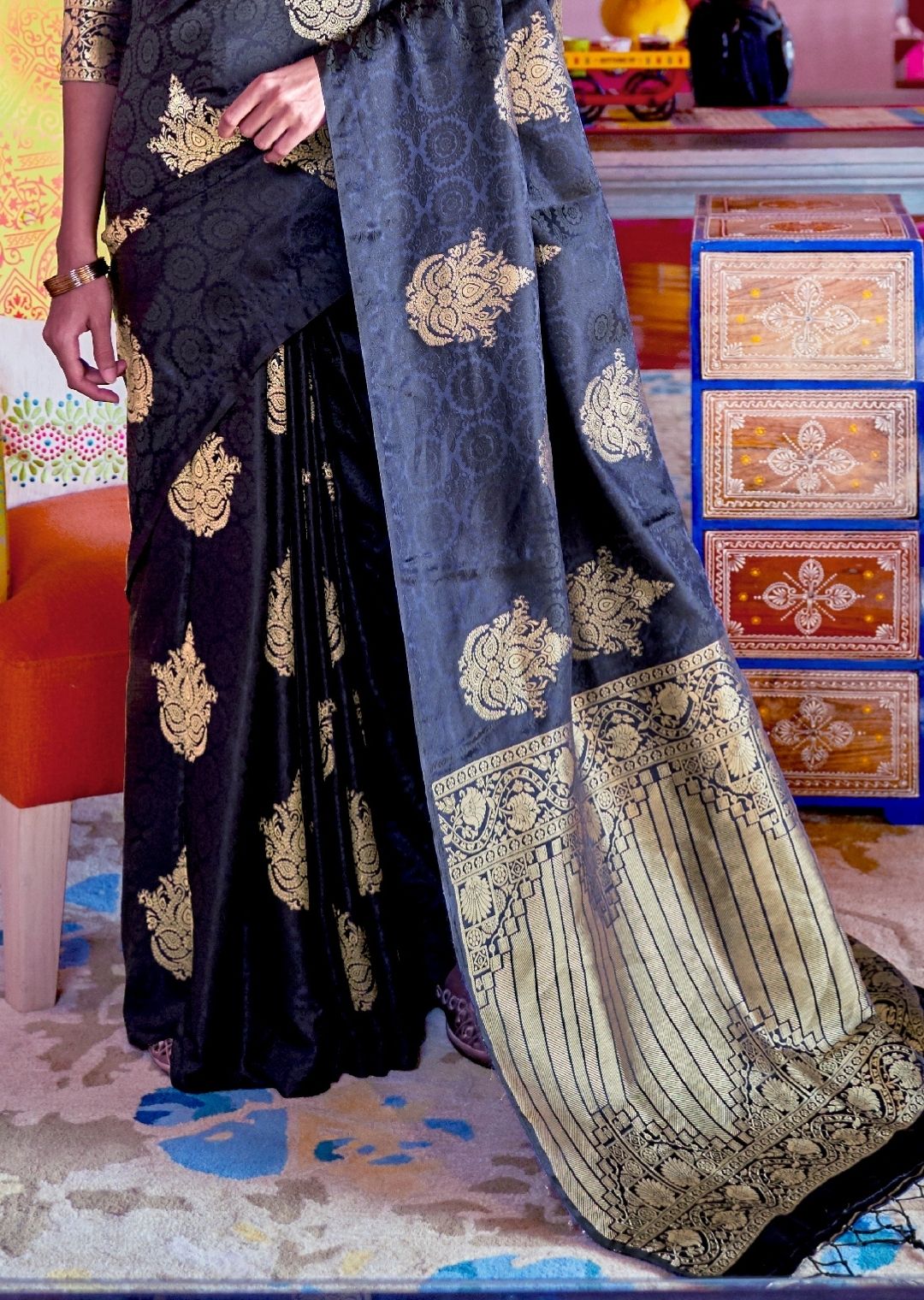 Black Woven Pure Satin Silk Saree