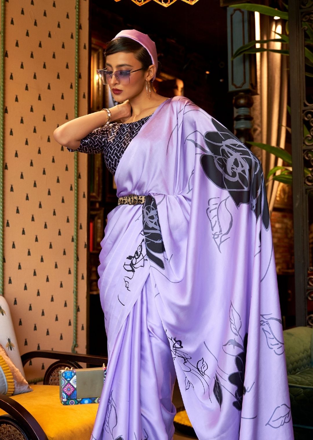 Bright Wisteria Purple Digital Printed Satin Crepe Silk Saree