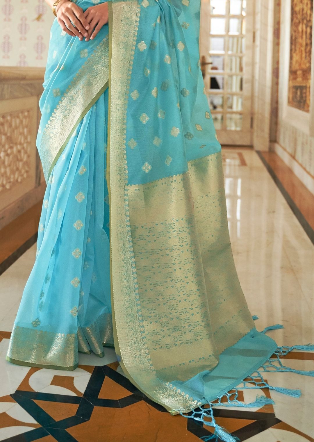 Sky Blue Hand Woven Organza Silk Saree