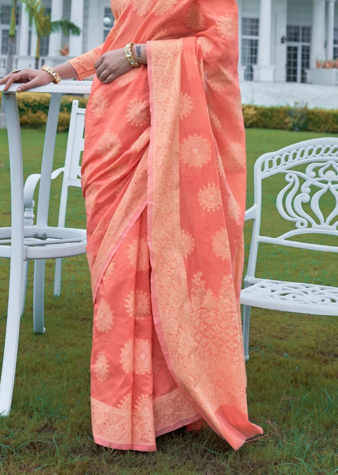 Salmon Orange Hand Woven Lucknowi Cotton Saree