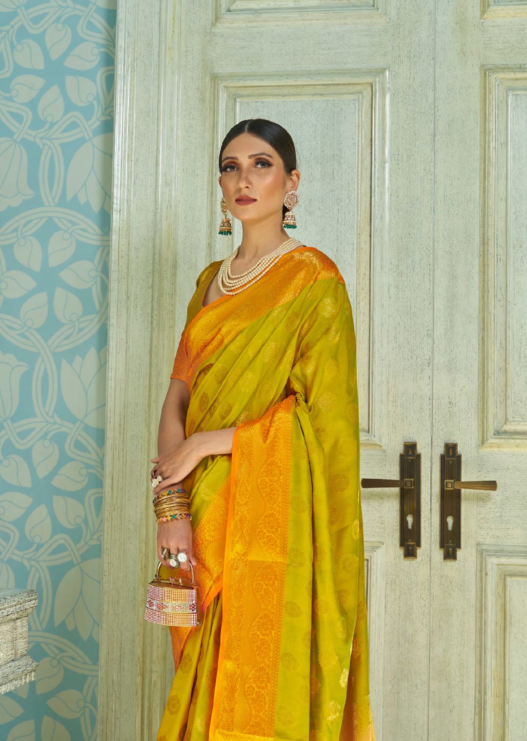 Lime Green Woven Handloom Zari Silk Saree