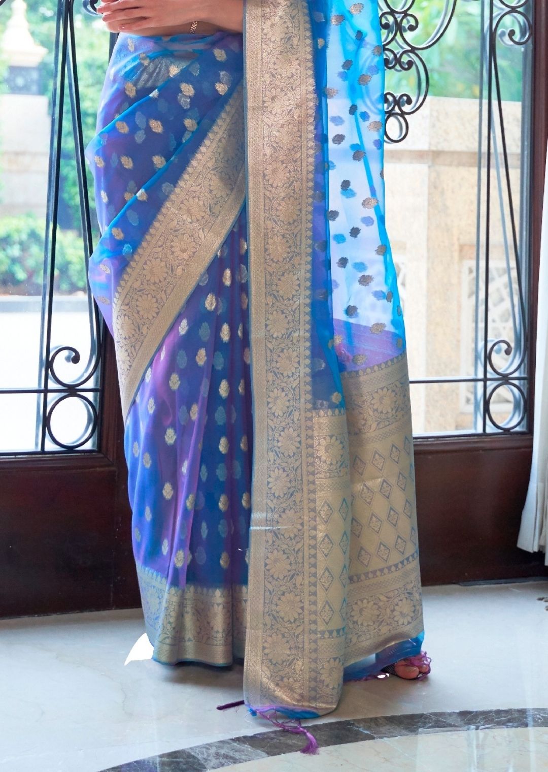 Cornflower Purple Hand Woven Organza Chanderi Silk Saree