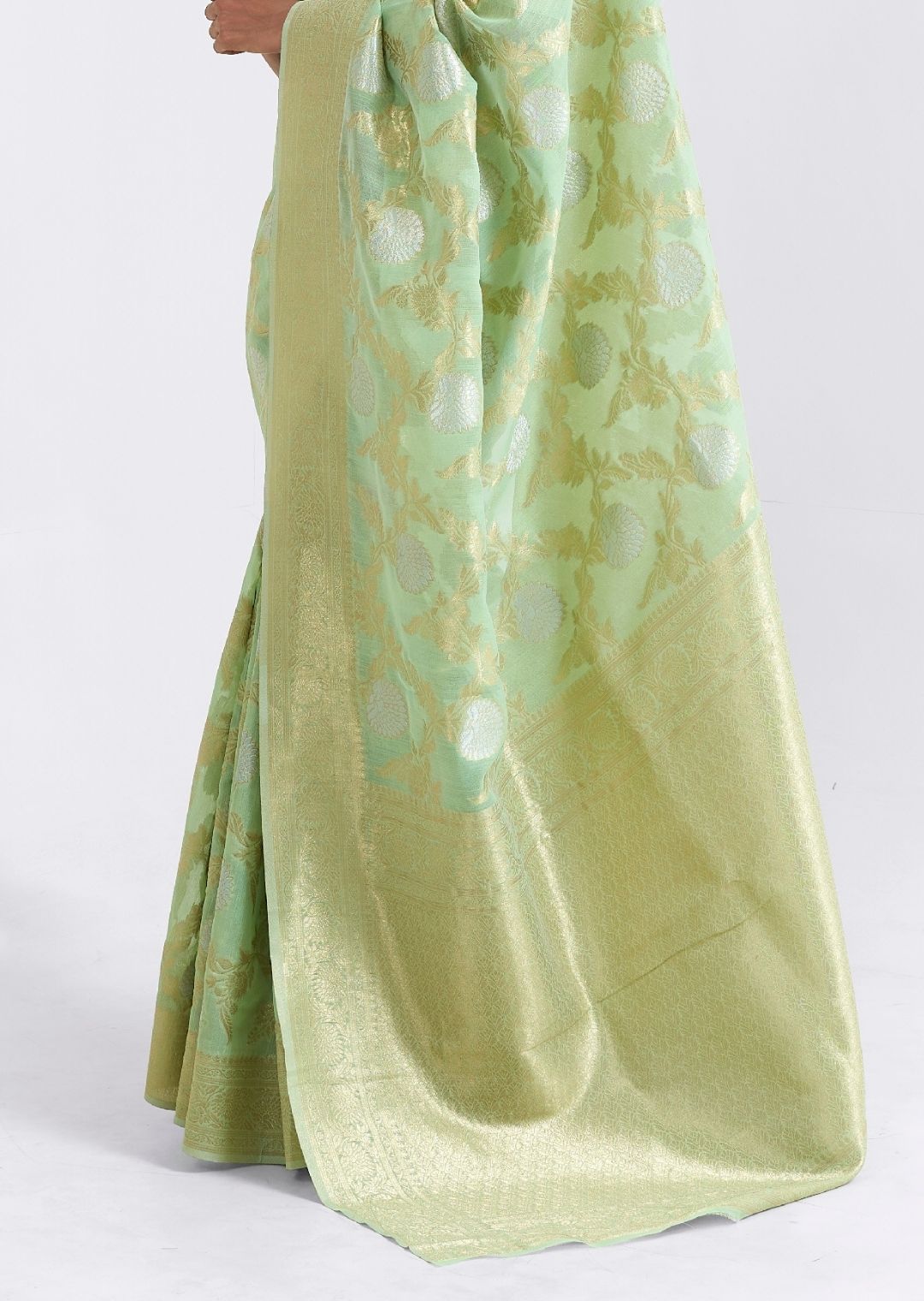 Deep Tea Green Zari Woven Pure Handloom Linen Saree