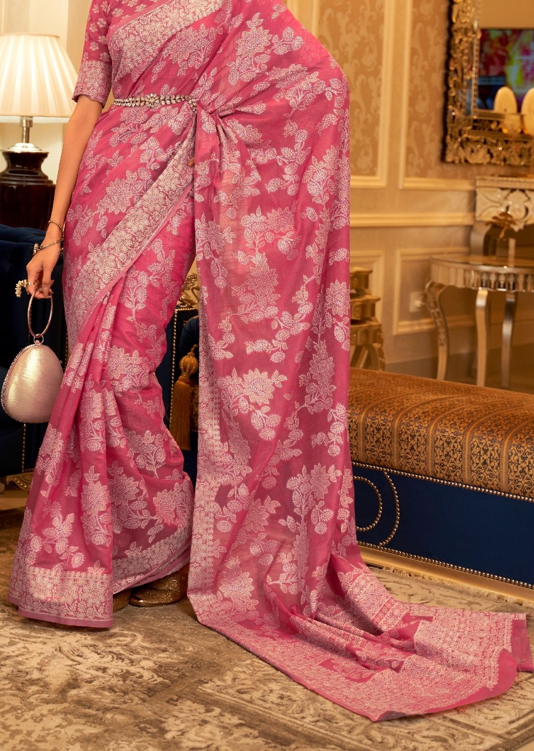 Deep Pink Woven Pure Handloom Chickankari Lucknowi Cotton Saree