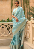 Sky Blue Zari Woven Pure Handloom Linen Saree