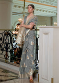 Cloud Gray Zari Woven Pure Handloom Linen Saree