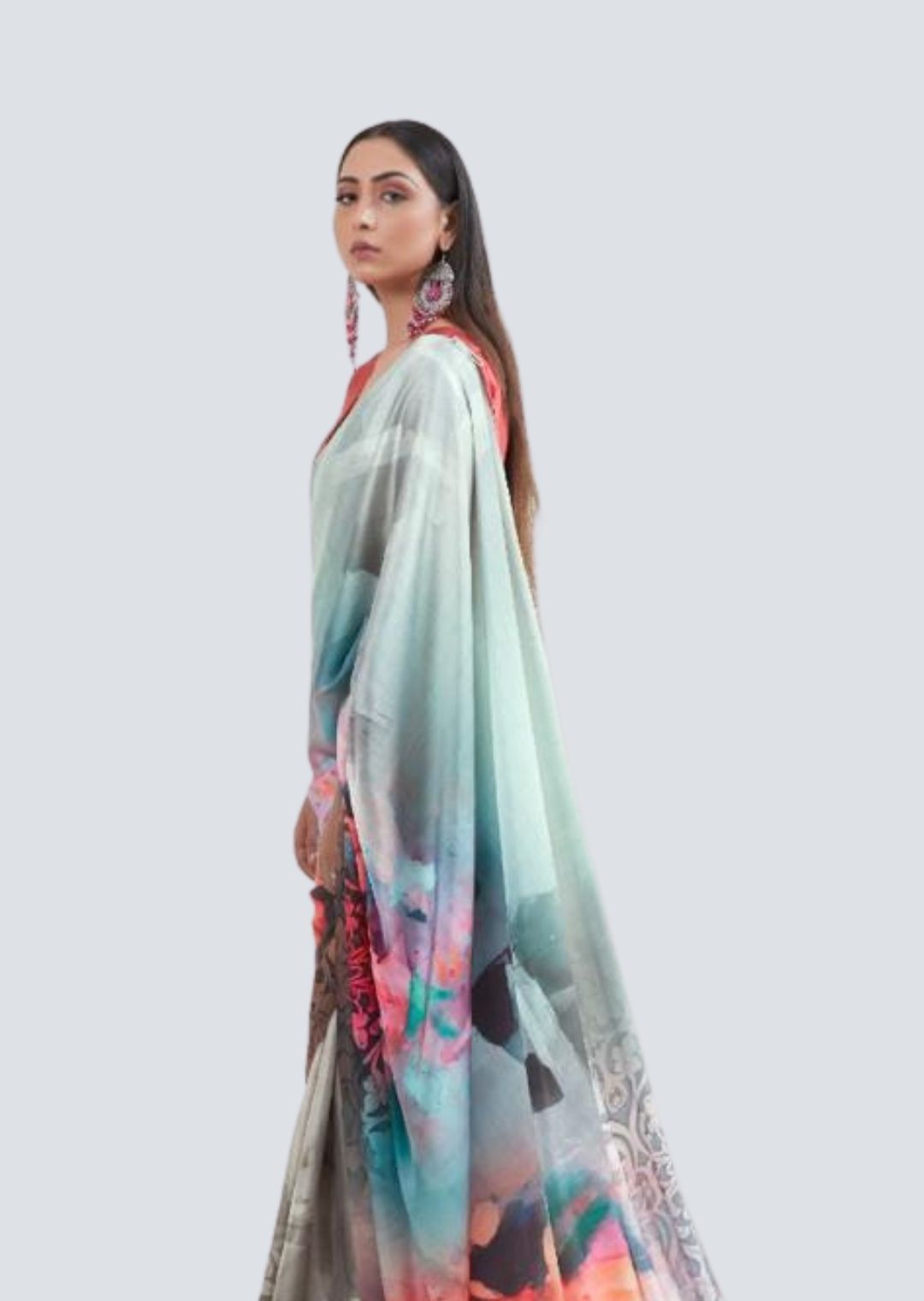 Mint Green Digital Printed Satin Crepe Saree