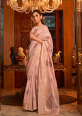 Light Peach Pink Hand Woven Tussar Cotton Silk Saree With Sequins Work