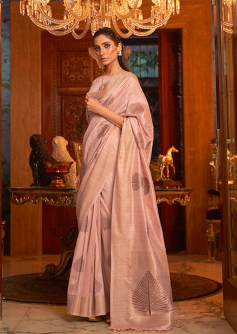 Light Peach Pink Hand Woven Tussar Cotton Silk Saree With Sequins Work