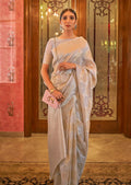 Silver Gray Zari Woven Pure Handloom Linen Saree