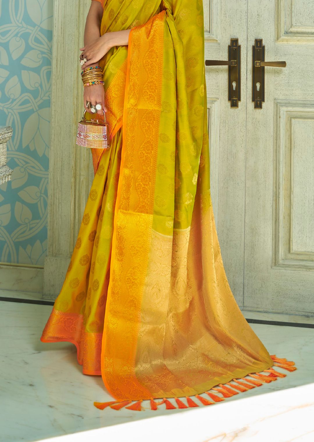 Lime Green Woven Handloom Zari Silk Saree