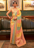 Salmon Pink & Yellow Zari Woven Pure Handloom Organza Silk Saree With Sequins Work