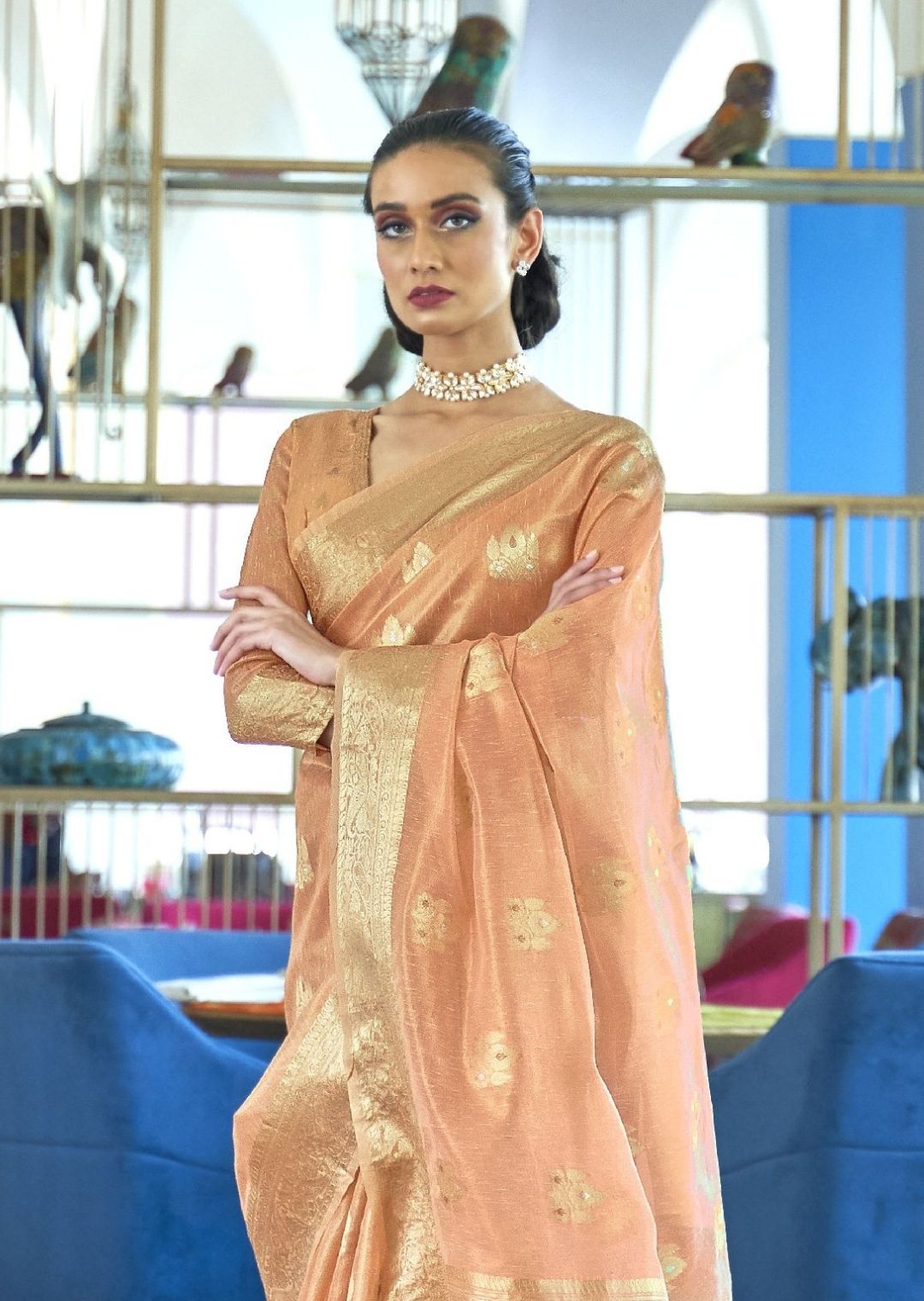 Peach Orange Hand Woven Organza Tissue Silk Saree