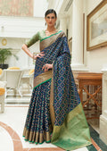 Navy Blue Zari Woven Traditional Patola Silk Saree With Self Brocade Blouse