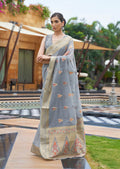 Steal Gray Zari Woven Pure Handloom Linen Saree
