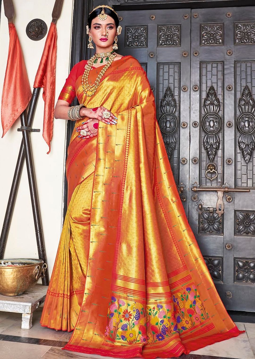Red Pure Silk Saree With Golden Border And Red Colored Blouse | Cash On  Delivery Available, Throughout India