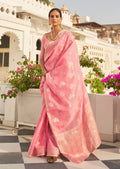Blossom Pink Zari Woven Pure Handloom Linen Saree
