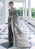Gray Hand Woven Lucknowi Cotton Saree