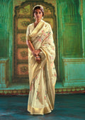 Peal Yellow White Zari Woven Pure Handloom Digital Linen Saree