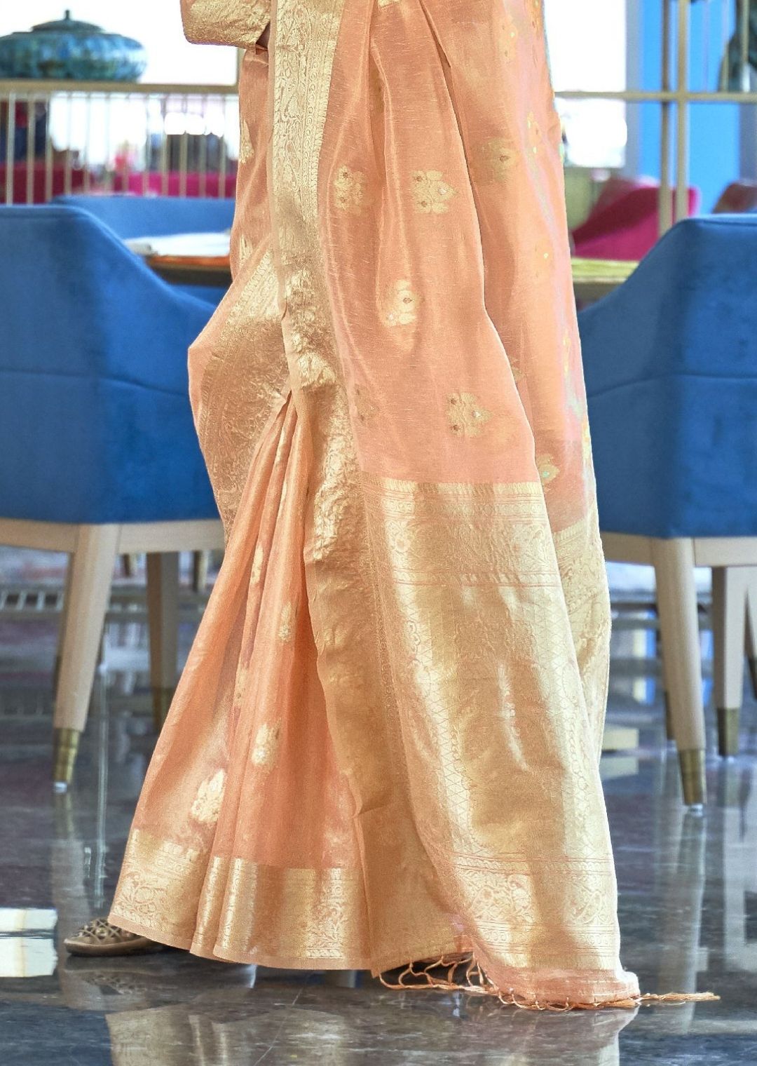 Peach Orange Hand Woven Organza Tissue Silk Saree