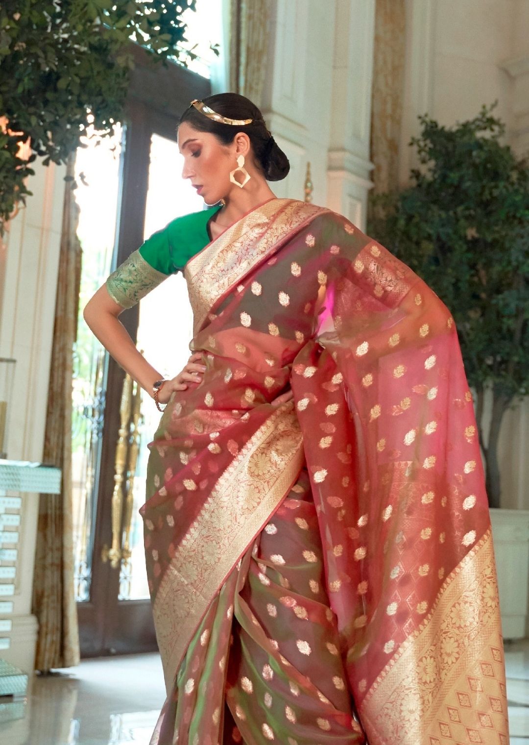 Golden Brown Hand Woven Organza Chanderi Silk Saree