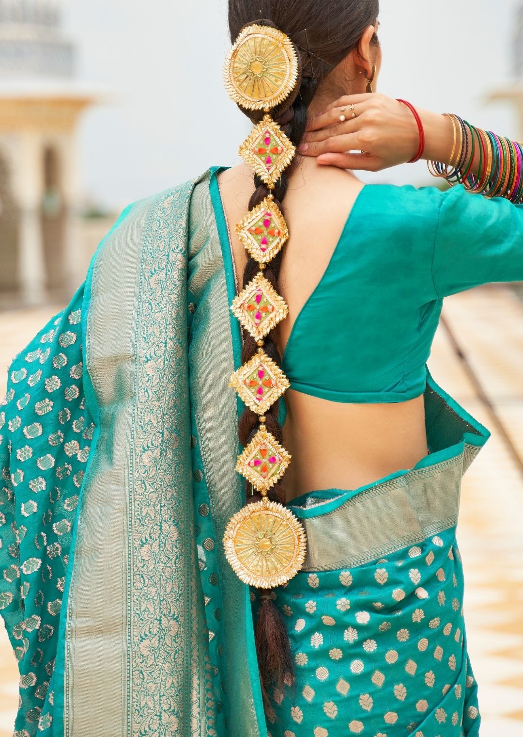 Turquoise Green Pure Braso Chiffon Saree With Embroidered Silk Blouse