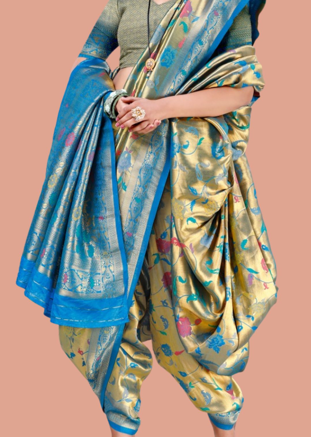 Golden Blue Zari Woven Traditional Nauvari Pure Kanjivaram Brocade Silk Saree