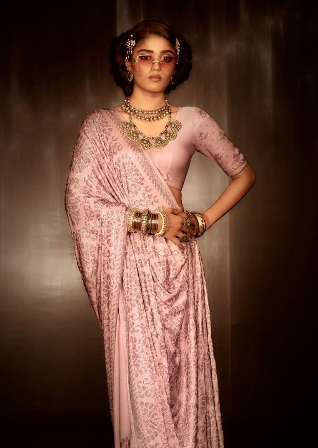 Heather Pink Woven Exclusive Designer Saree With Swarovski Work