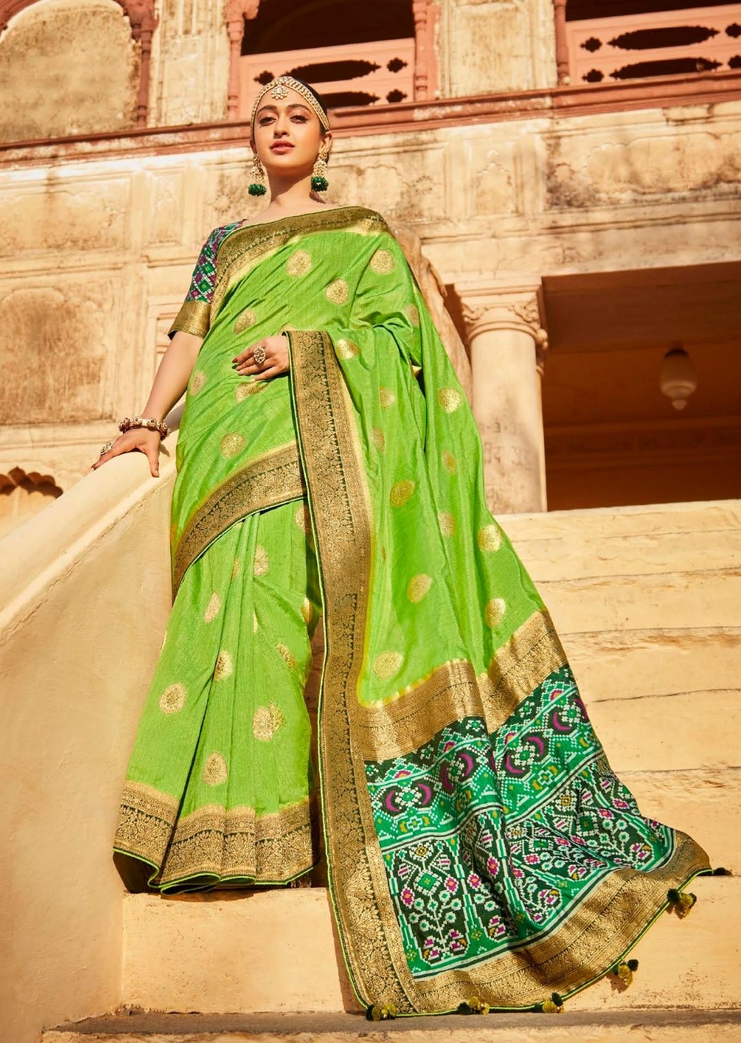 Lime Green Woven Traditional Patola Silk Saree With Embroidered Silk Blouse