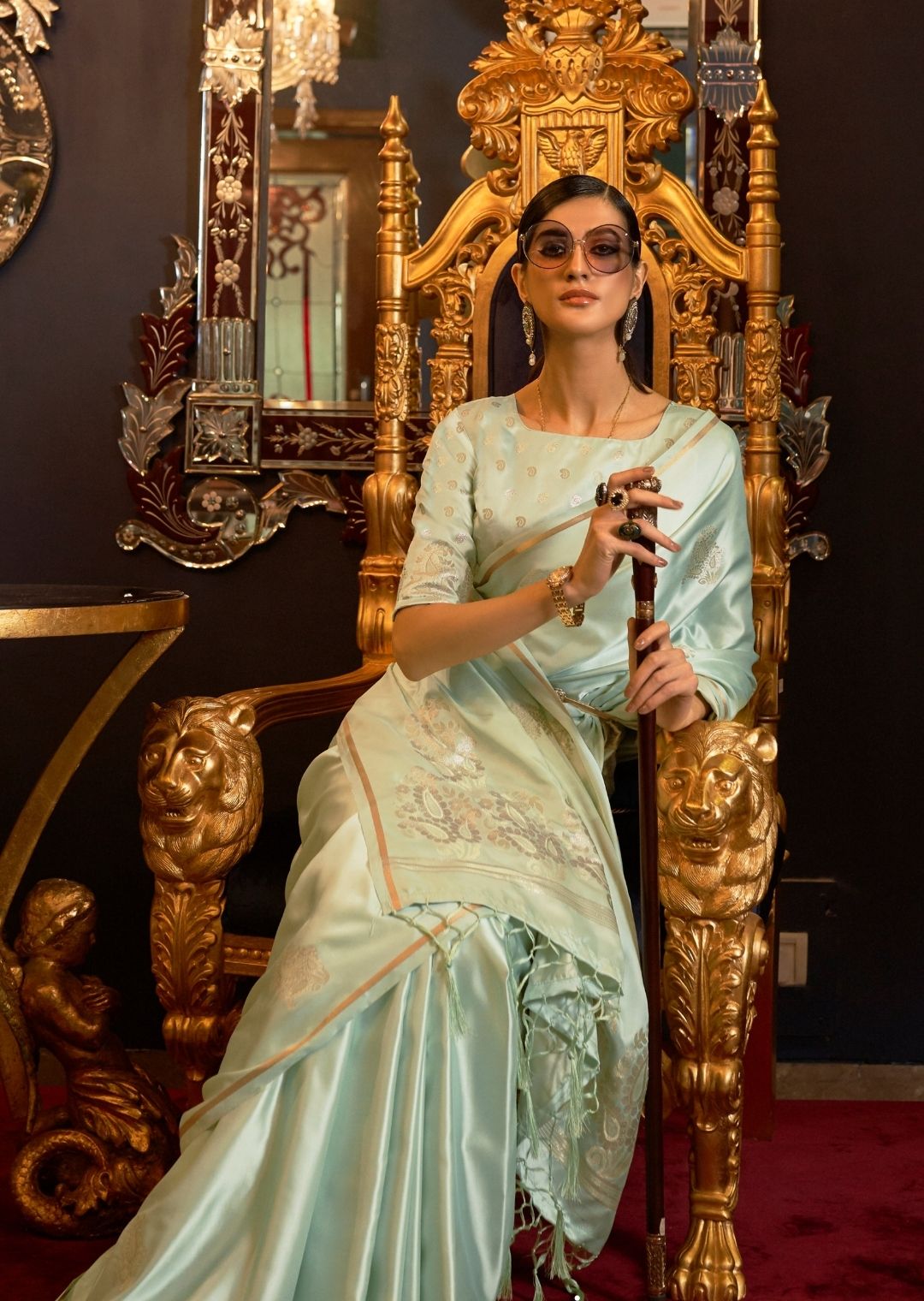 Mint Green Woven Pure Satin Silk Saree
