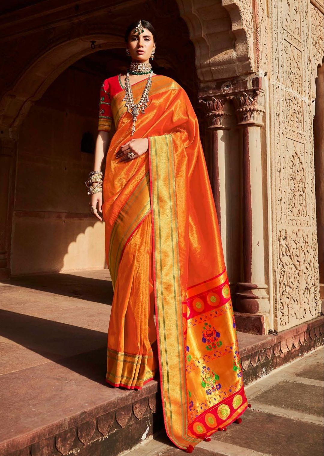 Orange Woven Traditional Banarasi Paithani Silk Saree