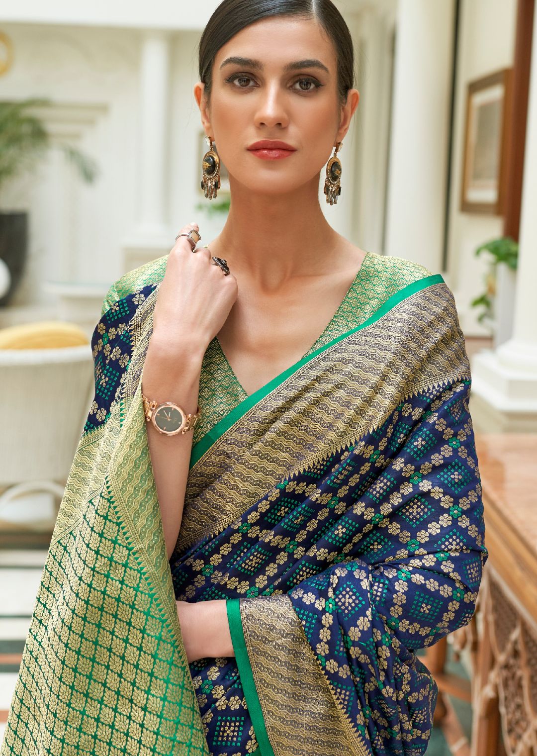 Navy Blue Zari Woven Traditional Patola Silk Saree With Self Brocade Blouse